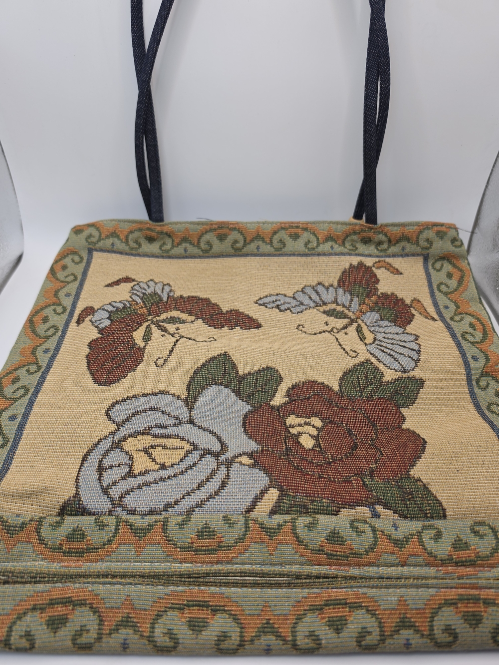 Jacquard Weavers Belgium Butterfly Floral Tapestry Scroll Border Tote Bag Purse